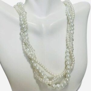 Vintage Twisted Braided Graduated White Faux Pearl Layered Beaded Necklace 17”
